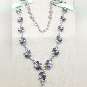 Elegant Amethyst, Peridot And Blue Topaz Silver Leaf Necklace